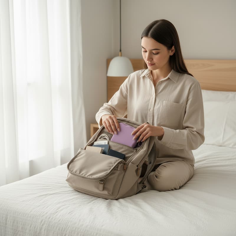 Femme prepare sac a dos voyage met organisateur de cable violet
