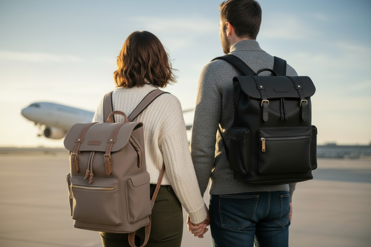 Couple porte chacun sac a dos voyage regarde un avion