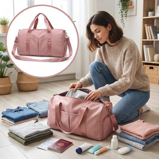 etudiante prepare son sac de voyage plusieurs poches pratiques