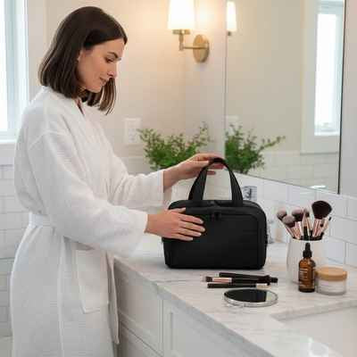 femme dans un salle de bain avec sa grande trousse de toilette multi poches