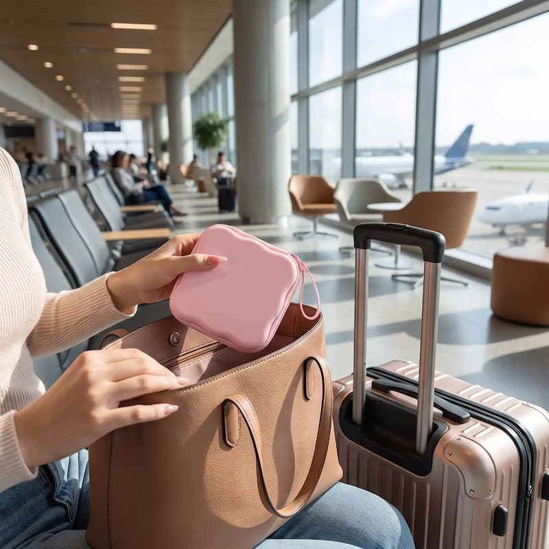 Femme met organisateur de cable dans sac a l aeroport