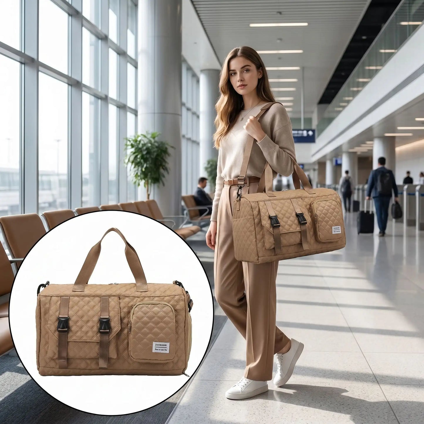 femme porte son sac de voyage marron leger et discret