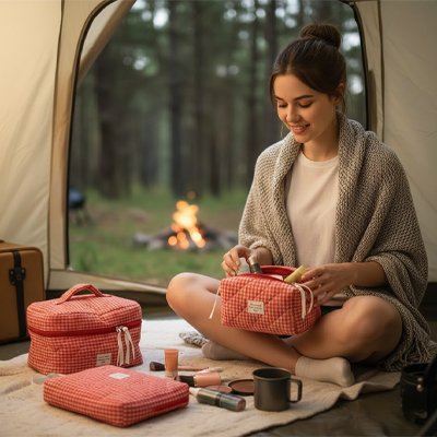 Femme utilise trousse de toilette femme tendance pour son maquillage