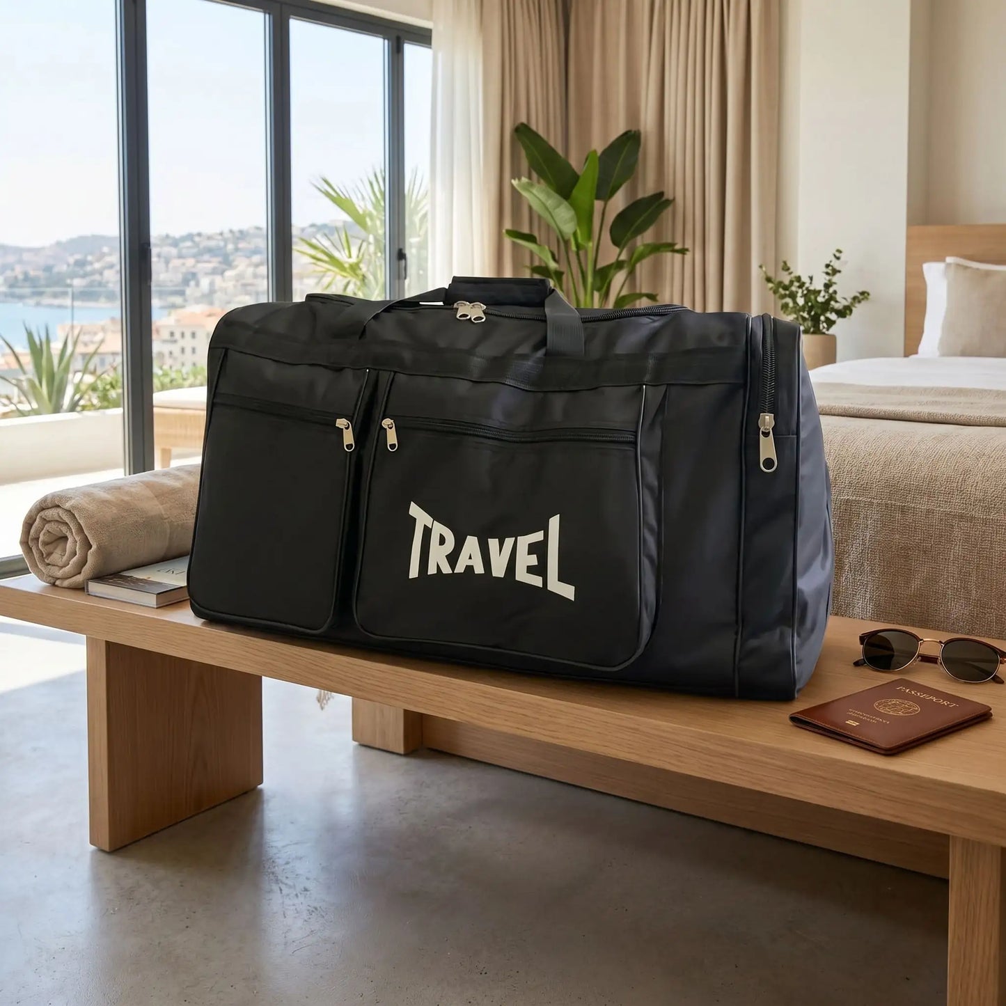 grand sac de voyage noir polyvalent avec compartiment a chaussures