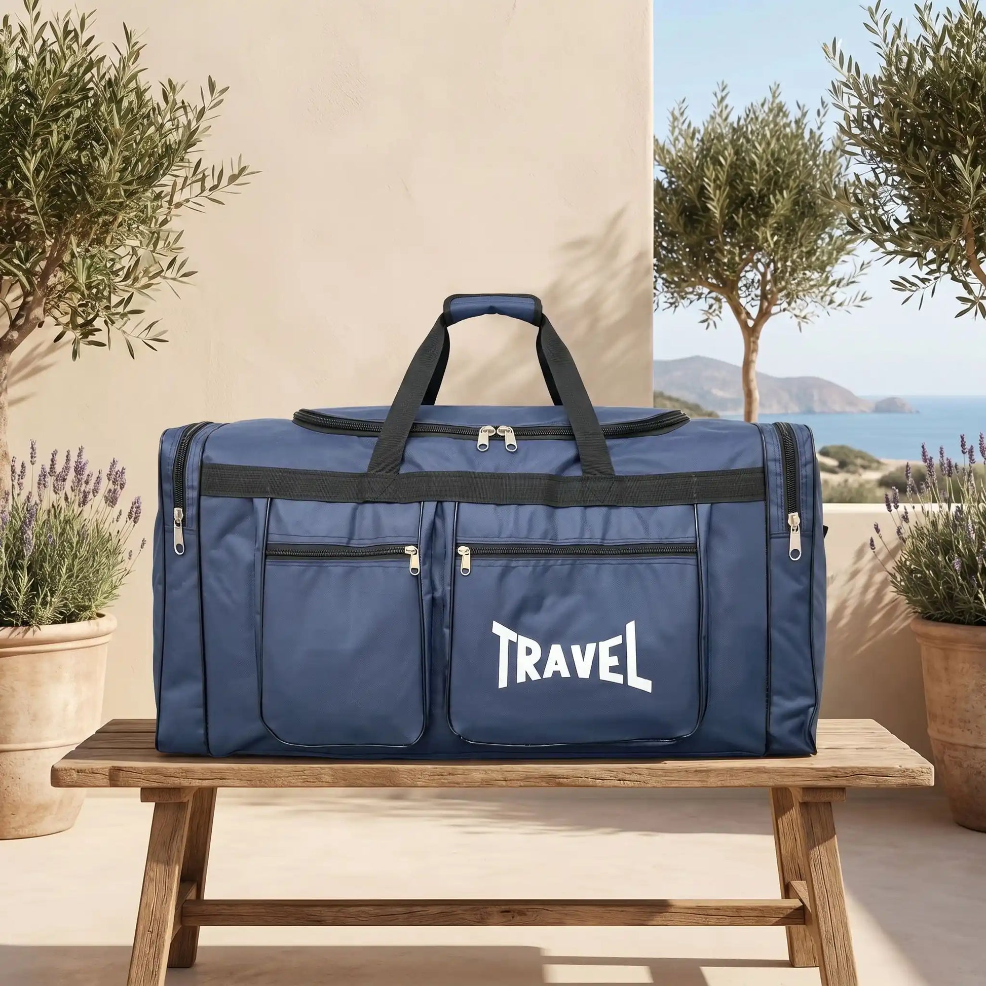 grand sac de voyage bleu avec bandouliere et manchon de manipulation
