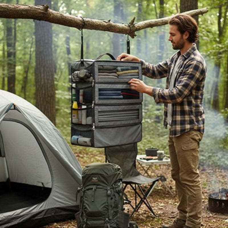 Homme accroche organisateur de valise dans une branche arbre