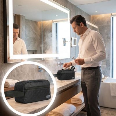 homme dans la salle de bain utilise trousse de toilette homme voyage