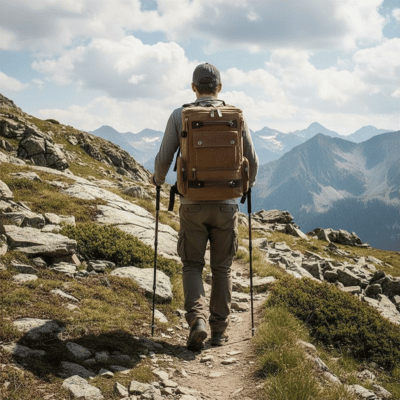 homme en randonnee avec son sac de voyage a dos marron multi poches de rangement