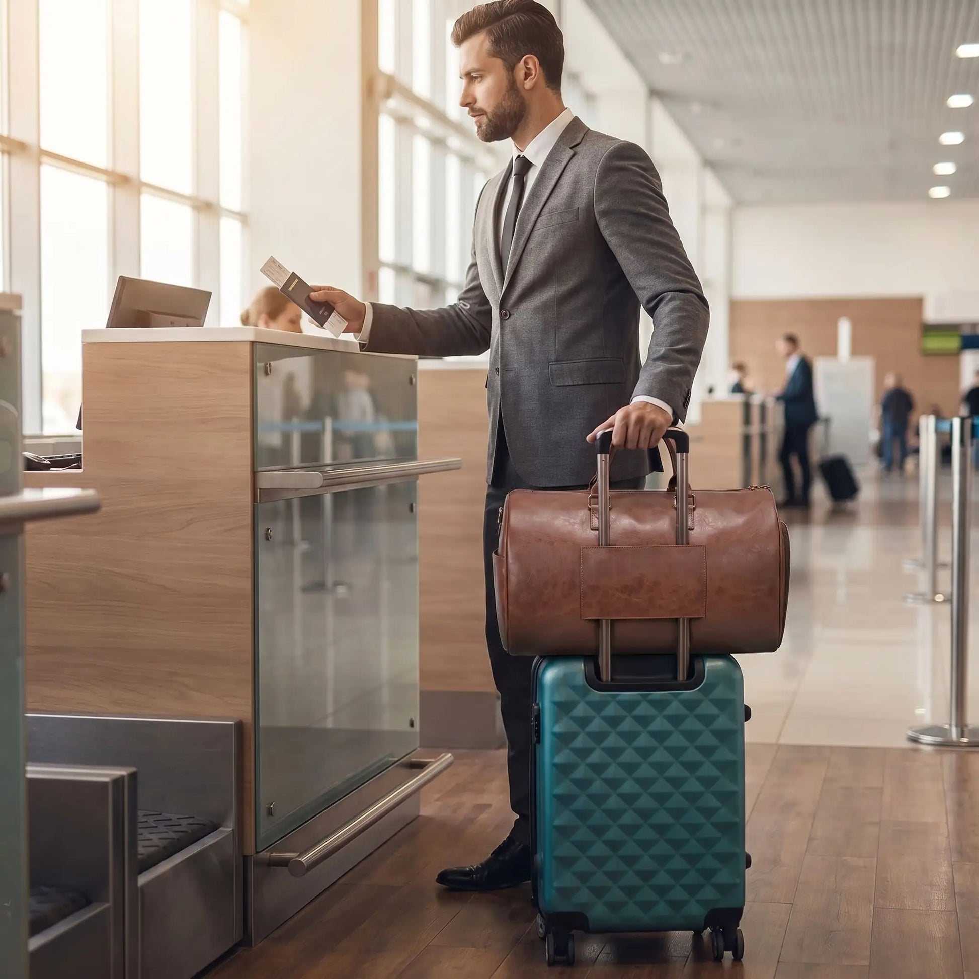 homme main libre grace a son sac voyage accroche au poignee-
 telescopique de sa valise