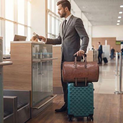 homme main libre grace a son sac voyage accroche au poignee-
 telescopique de sa valise
