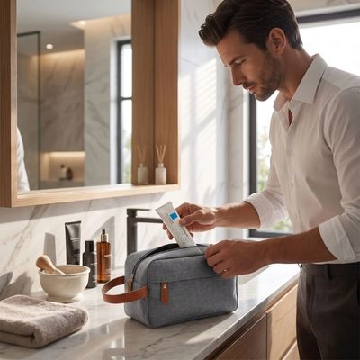 Homme met dans sa trousse de toilette de voyage pour homme sa creme