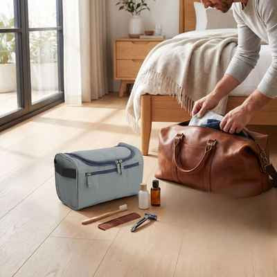 homme prepare son sac de voyage met sa trousse de toilette pour homme