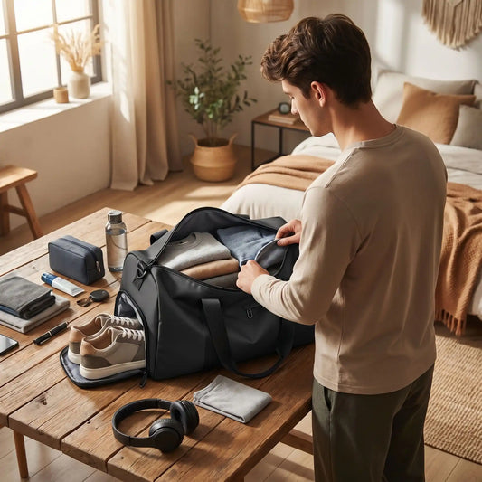homme range ses affaires dans son sac voyage tissu epaix impermeable