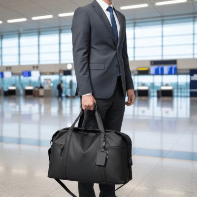 homme tient dans sa main son sac de voyage homme noir en simili cuir