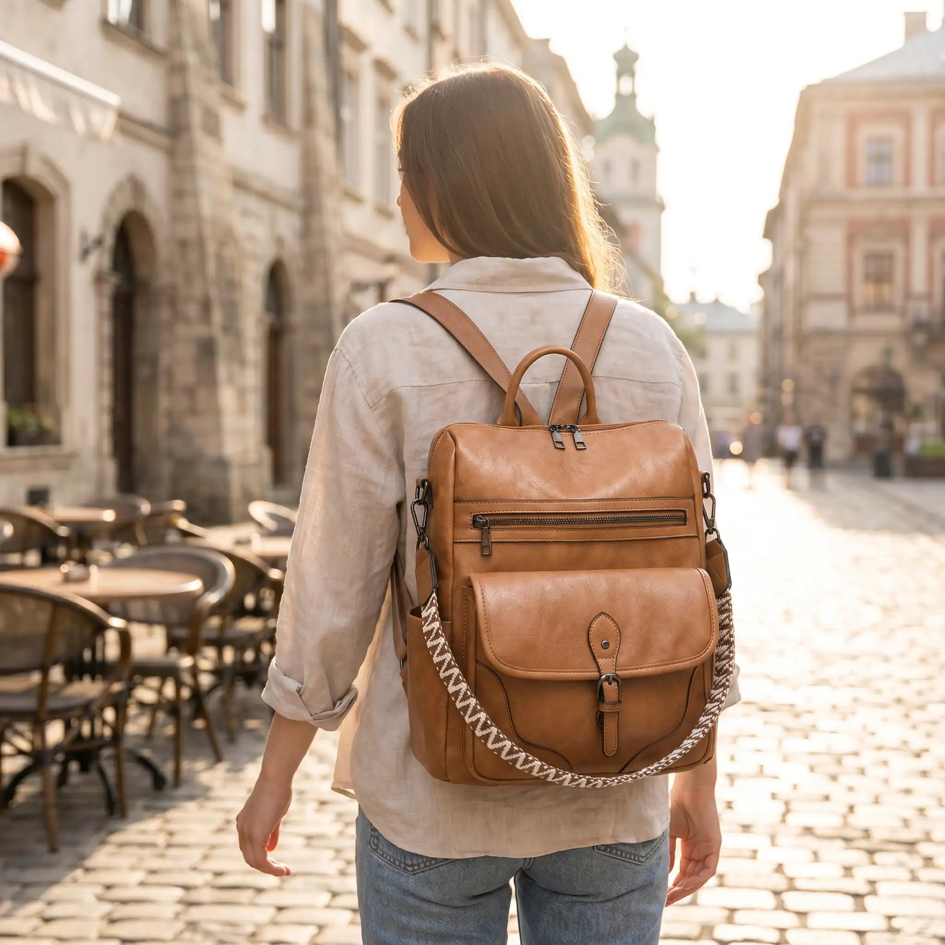 jeune fille avec son sac voyage à dos marron bandouliere ajustable