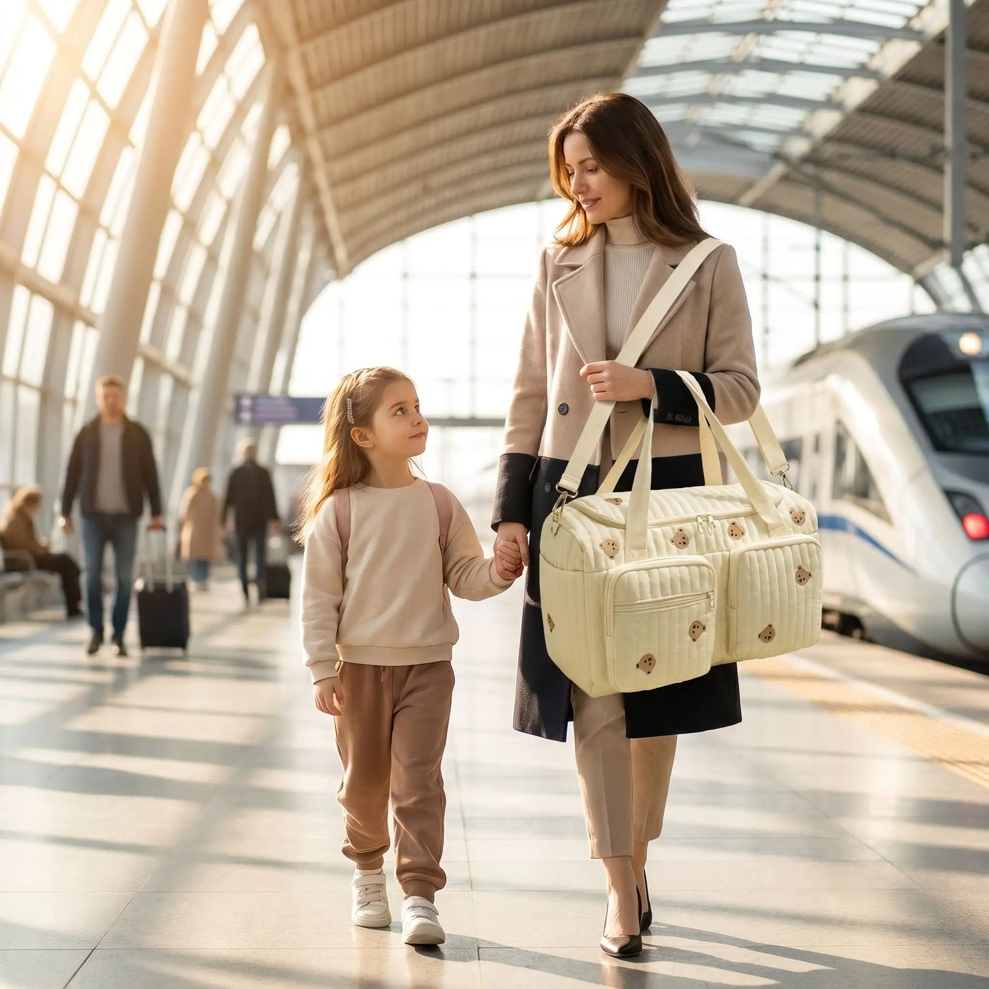 maman et sa fille porte son sac de voyage enfant multi poches
