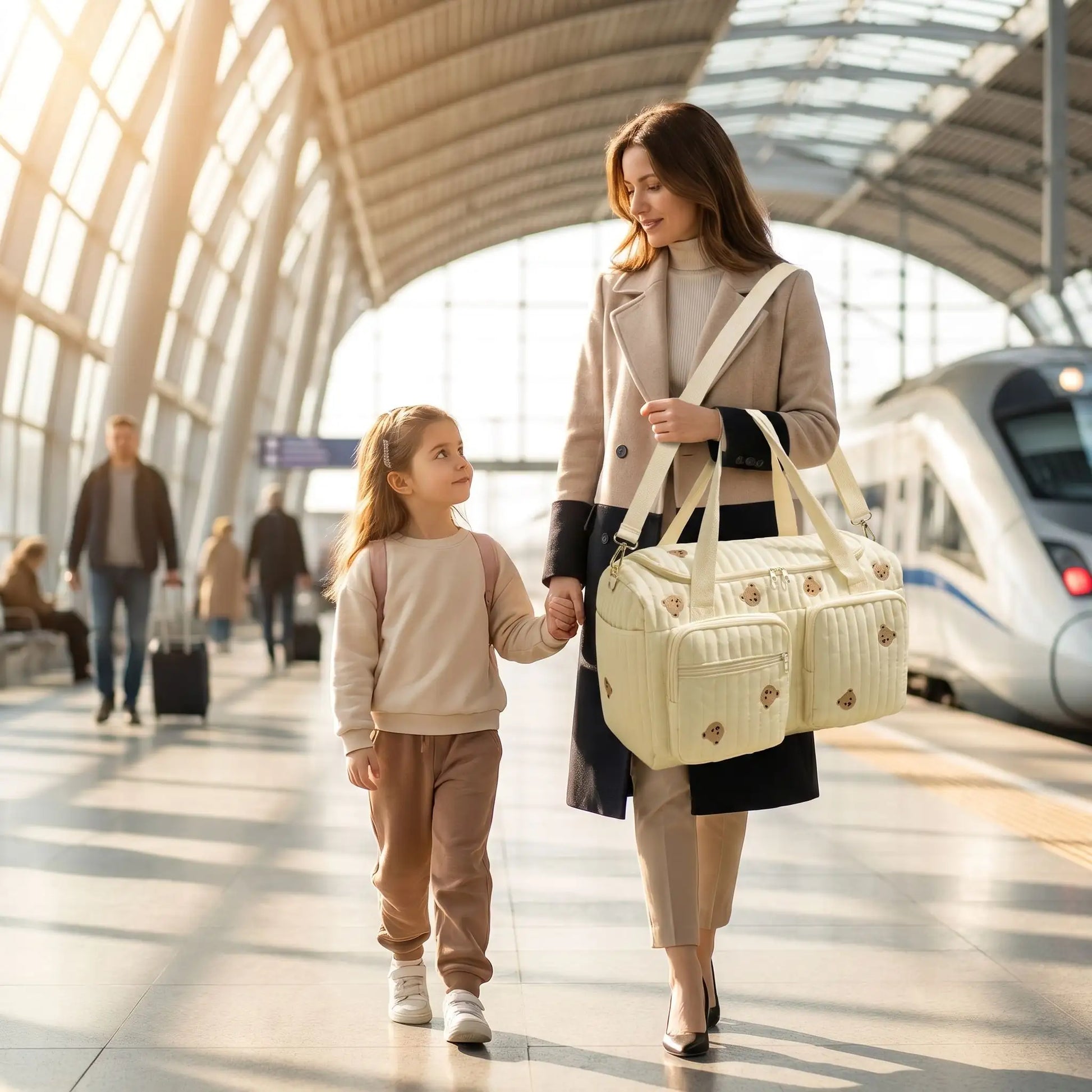 maman et sa fille porte son sac de voyage enfant multi poches