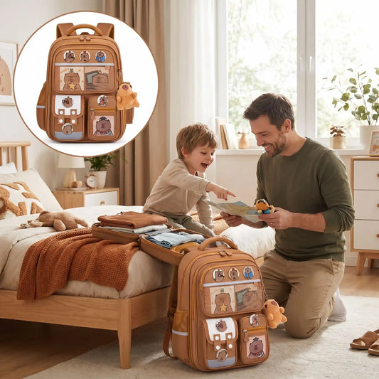 papa avec son fils prearent sac voyage enfant qui protegent la colonne vertebrale