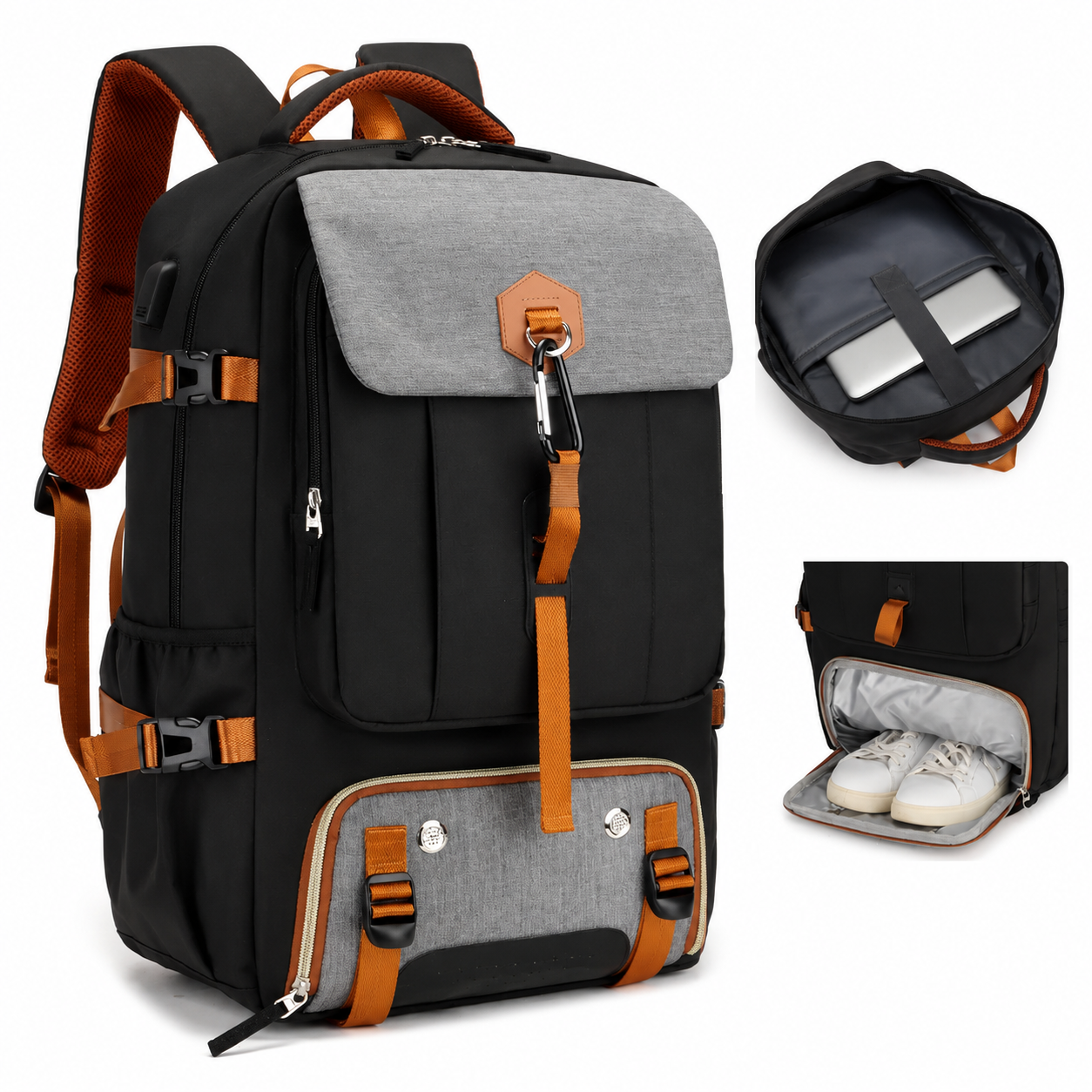 sac à dos de voyage marron noir avec compartiment chaussure