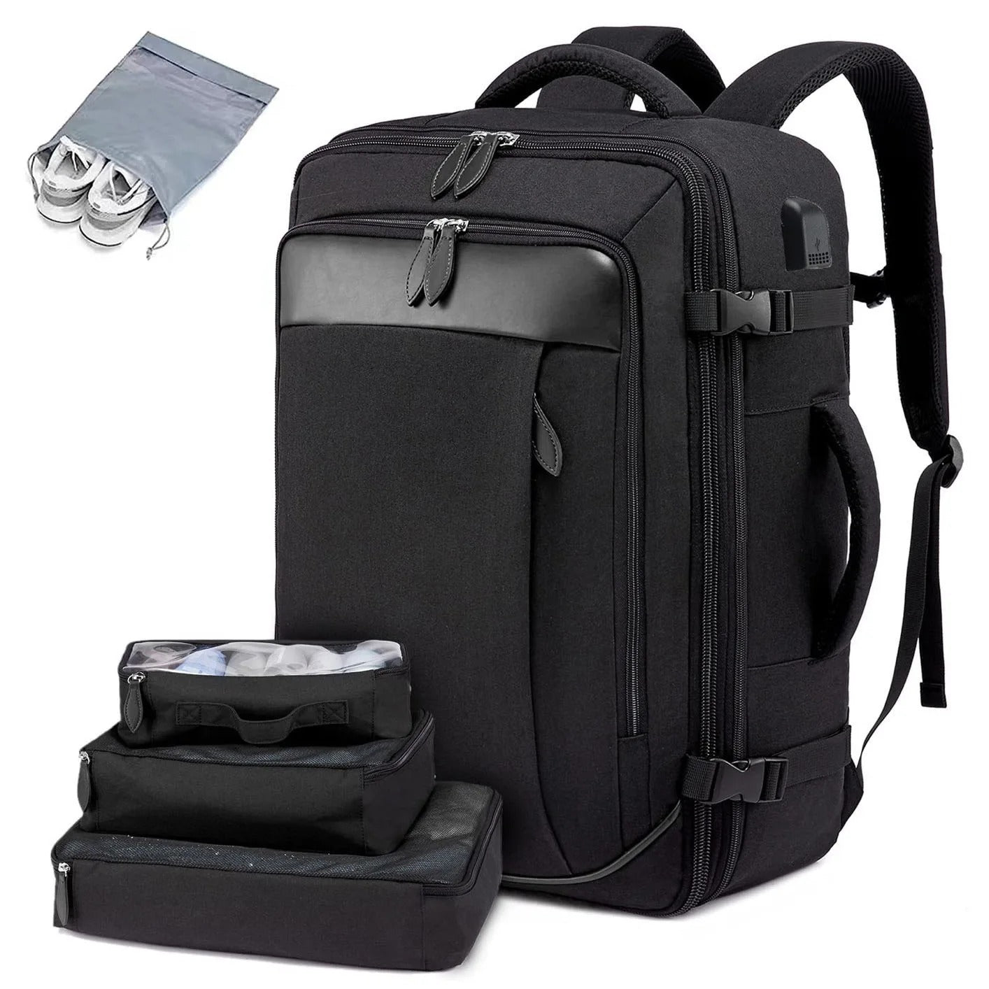 sac a dos voyage noir avec compartiments rangements malin