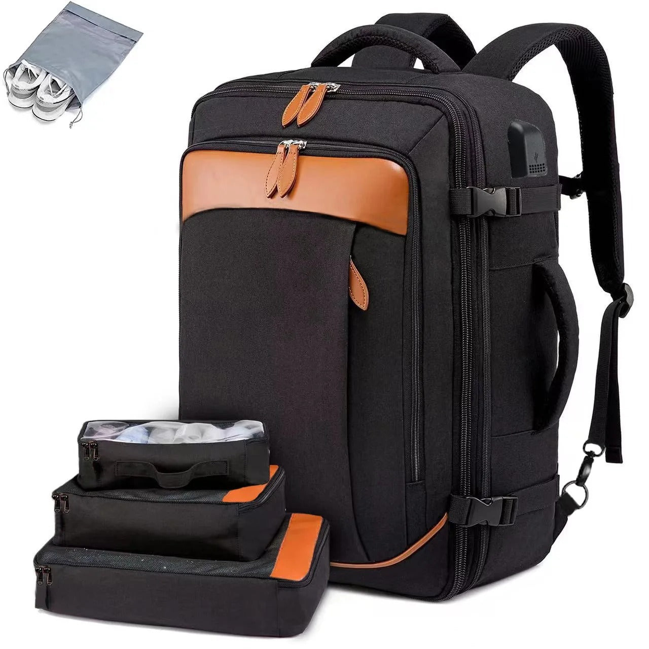 sac a dos voyage noir marron avec poches exterieurs
