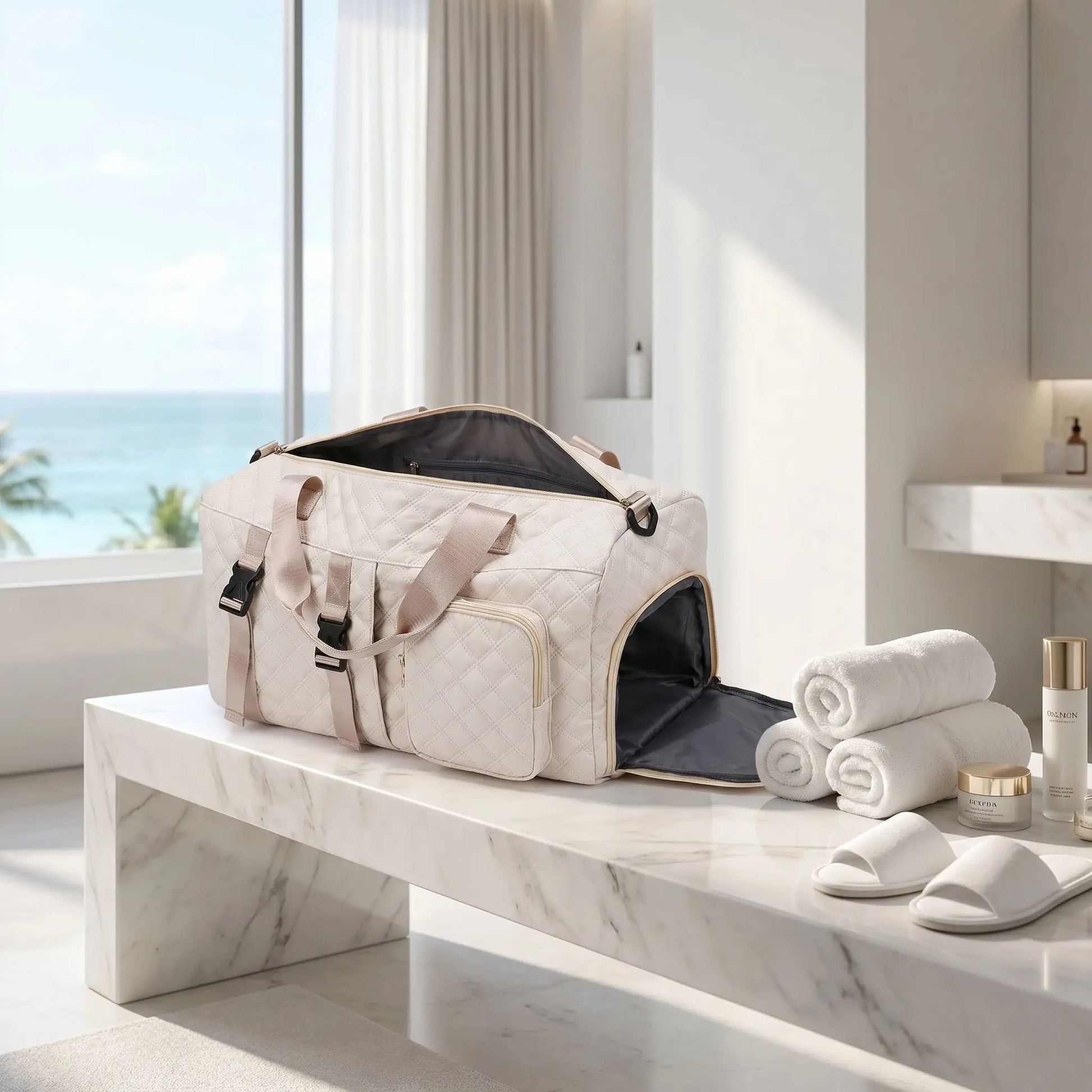 sac de voyage beige avec differents compartiments