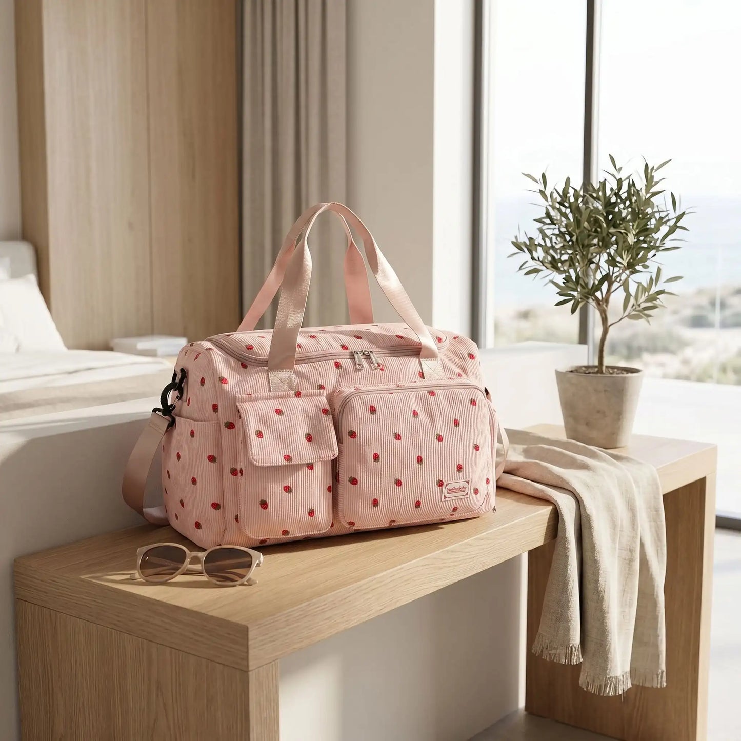 sac de voyage femme en velours-avec-motif-fraises
