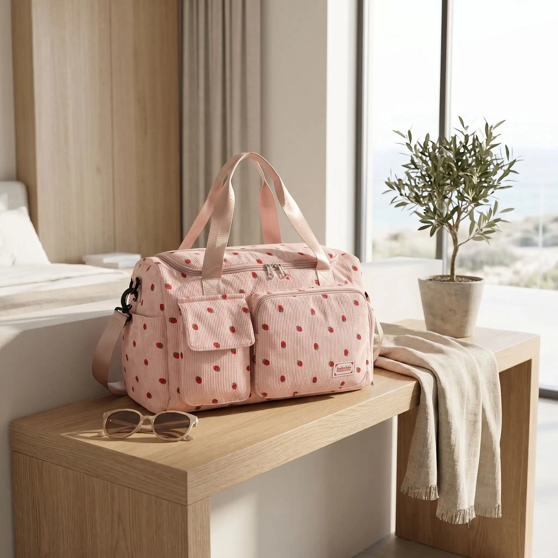 sac de voyage femme en velours-avec-motif-fraises