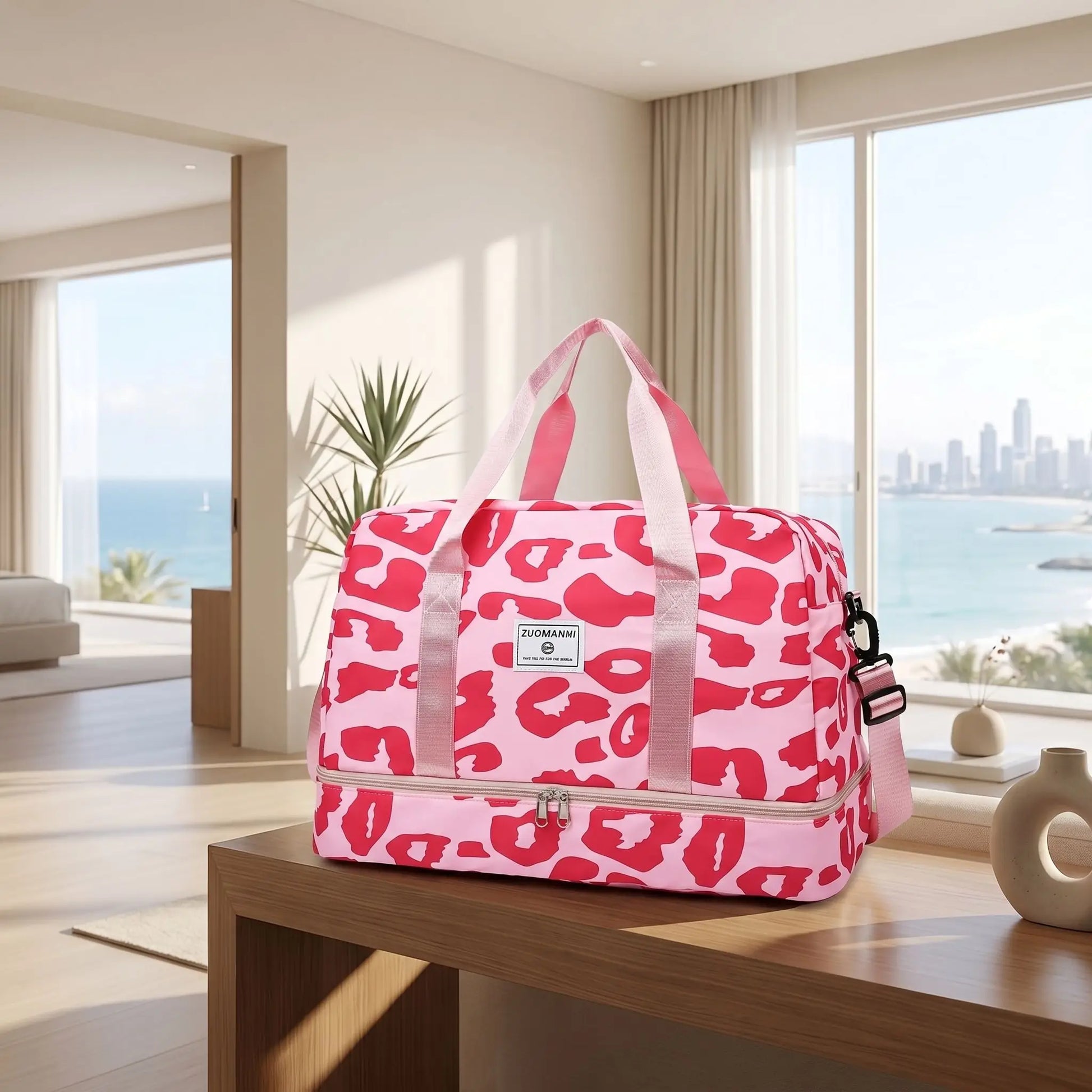 sac de voyage femme leopard rose sangle amovible