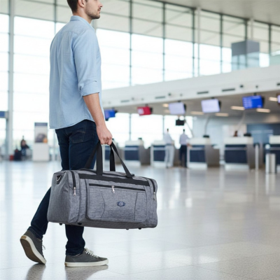 sac de voyage homme gris avec fermeture eclair solide
