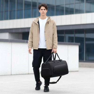 sac de voyage homme noir avec poignee et sangle epaule