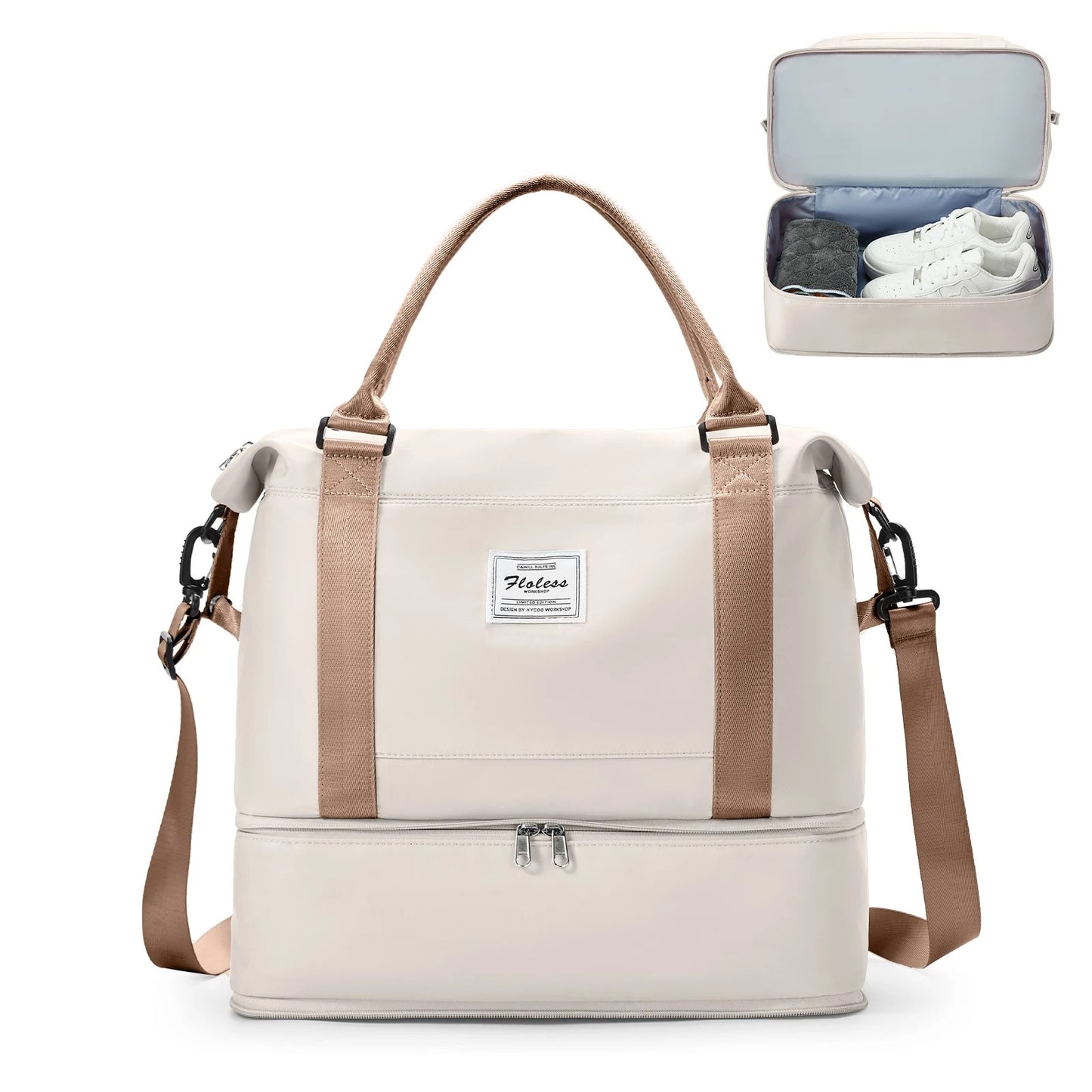 sac voyage beige clair et marron avec compartiment chaussures