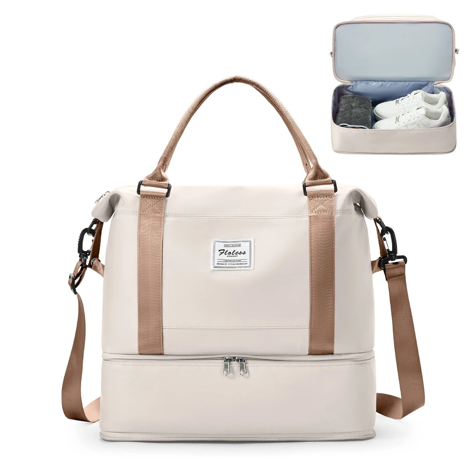 sac voyage beige clair et marron avec compartiment chaussures
