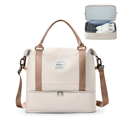 sac voyage beige clair et marron avec compartiment chaussures