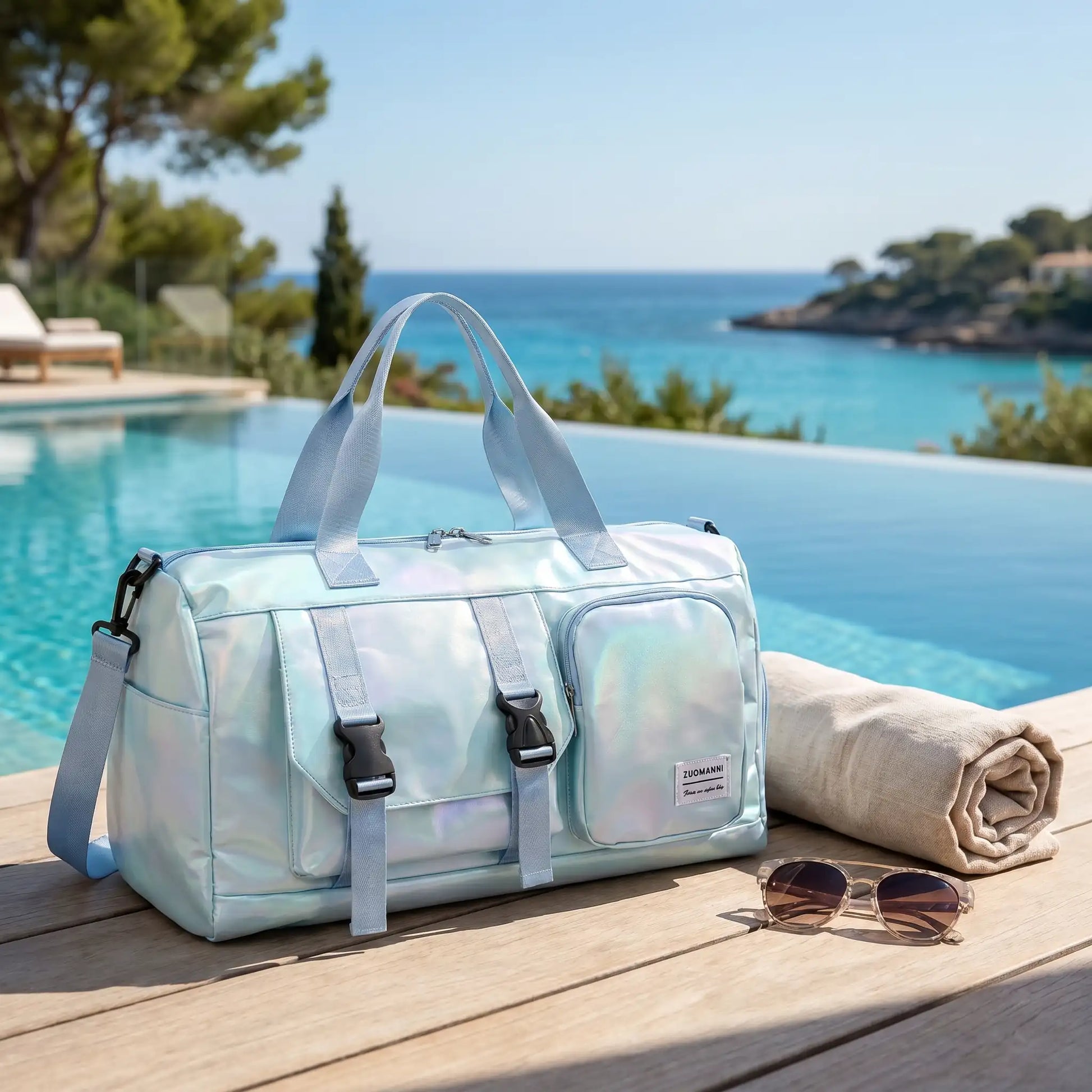 sac voyage femme bleu ave poches frontales zippees