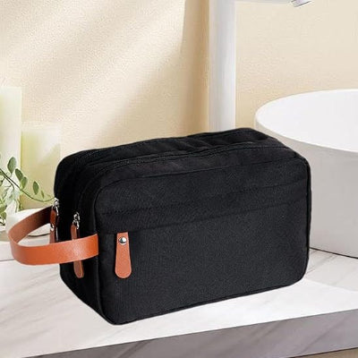 trousse de toilette de voyage pour homme noire poignée marron