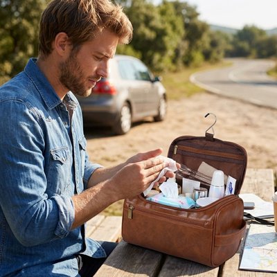 Trousse de toilette en simili cuir avec poignée de transport renforcée