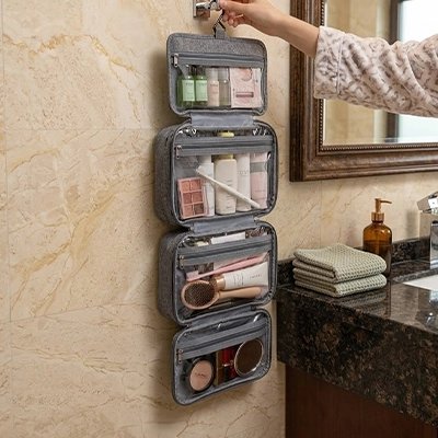 Trousse de toilette femme grise multiples poches de rangement