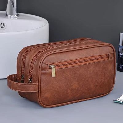 trousse de toilette homme marron simili cuir