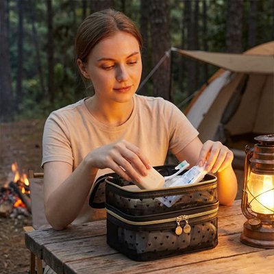 Trousse de toilette pour voyager noir motif à pois intemporel