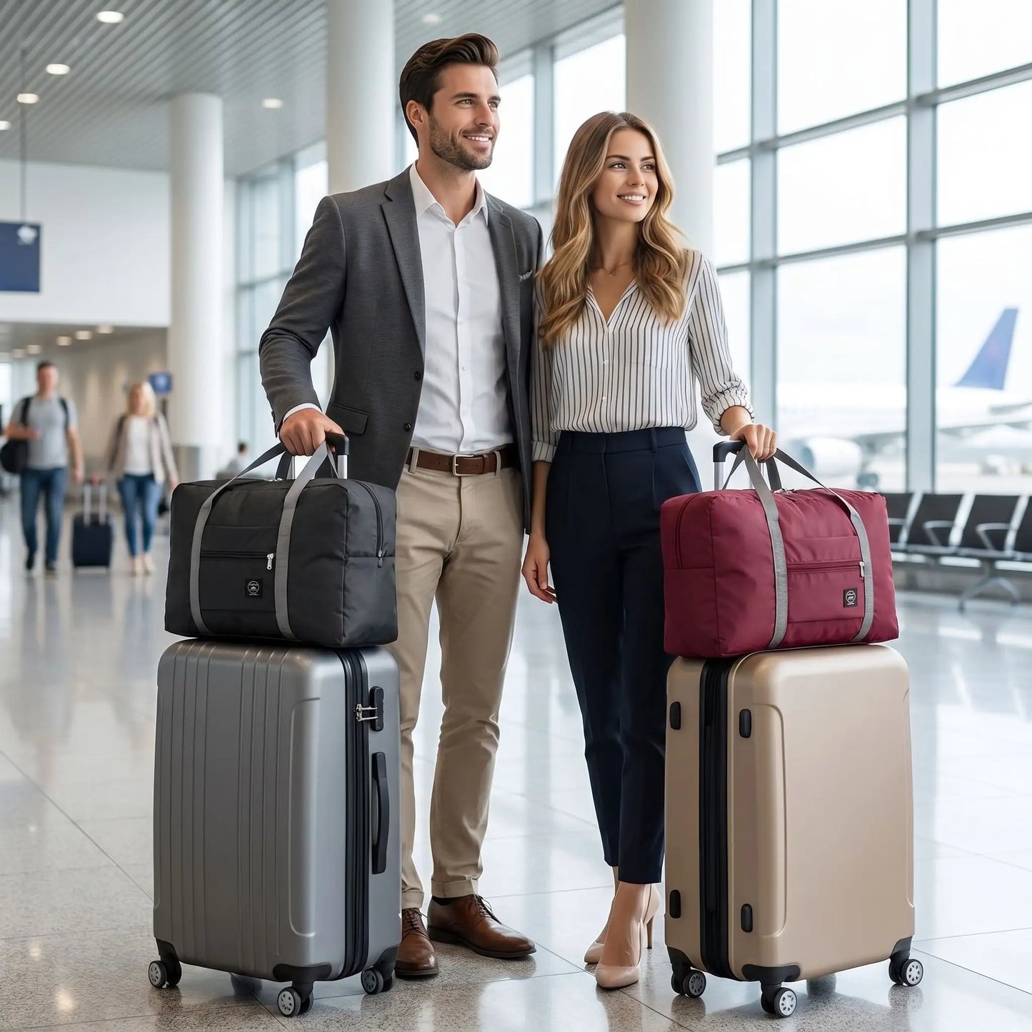un couple avec sac de voyage pour cabine avion noir et rouge accroche a la poignee telescopique du valise