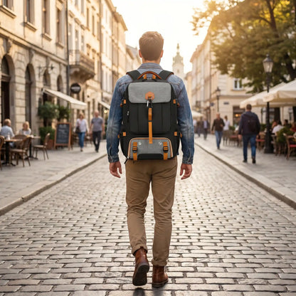 un homme avec son sac à dos de voyage leger et confortable