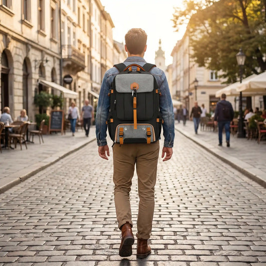 un homme avec son sac à dos de voyage leger et confortable