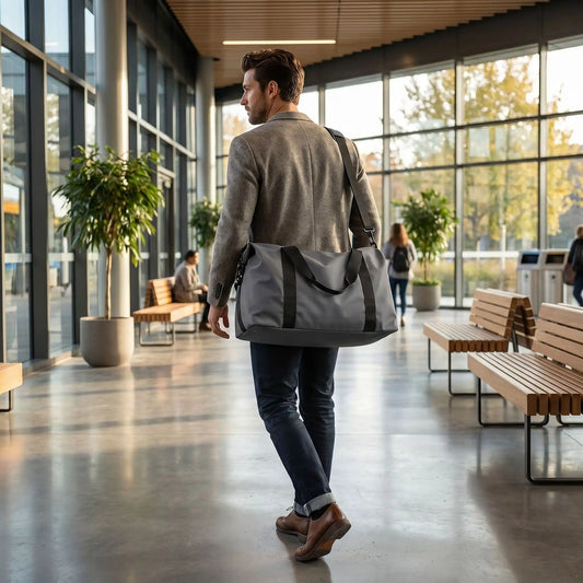 un homme porte son sac de voyage sur epaule couleur gris